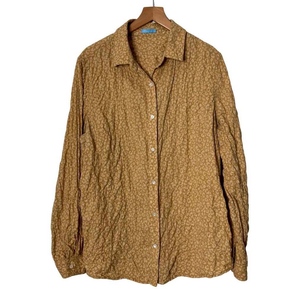 J McLaughlin Lois Mustard Yellow Leopard Crinkle Button Up Top Womens Large